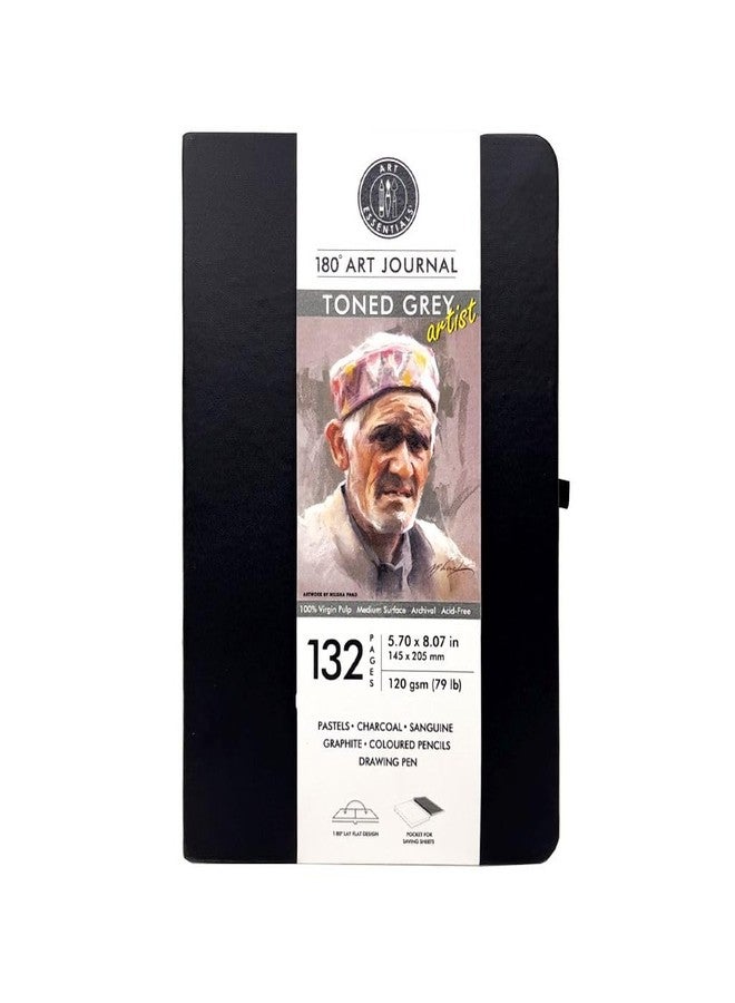 Art Essentials دفتر رسم فني من آرت إسينشالز، مقاس 180 درجة، 14.5 سم × 20.5 سم (A5)، 132 صفحة، ورق رمادي متوسط الحبيبات، وزن 120 غرام/متر مربع. - Image 1